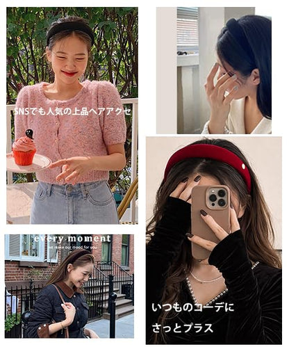 カチューシャ 痛くない ヘアバンド ベロア 太め レディース 無地 韓国風 パール 可愛い 大人 ヘアアレンジ ギフト ブラック