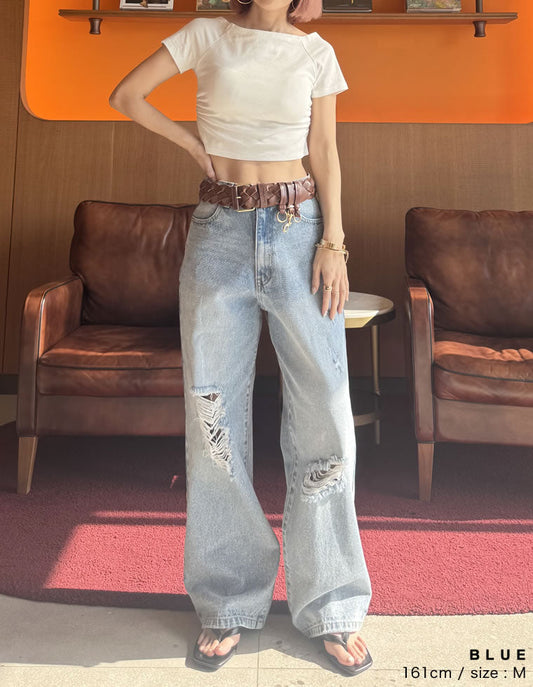 [低身長/高身長サイズ有]ワイドストレートアシンメトリーダメージデニムパンツ