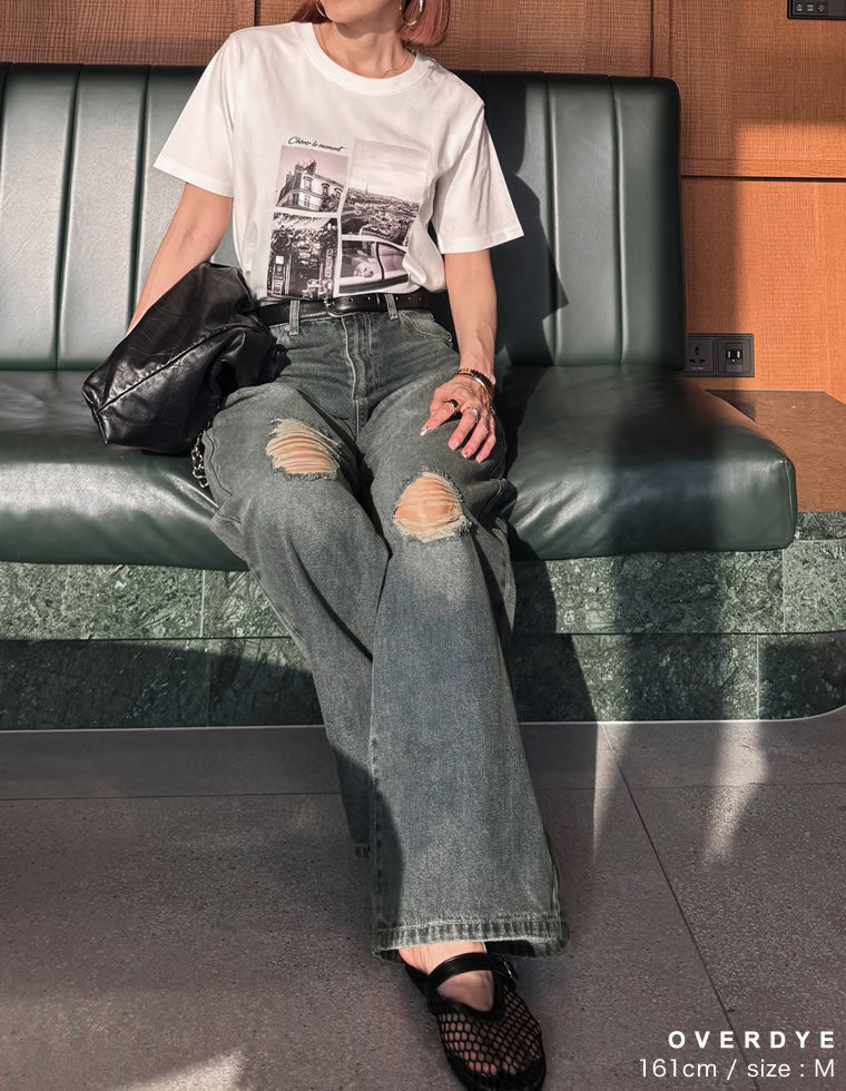 [低身長/高身長サイズ有]ワイドストレートアシンメトリーダメージデニムパンツ