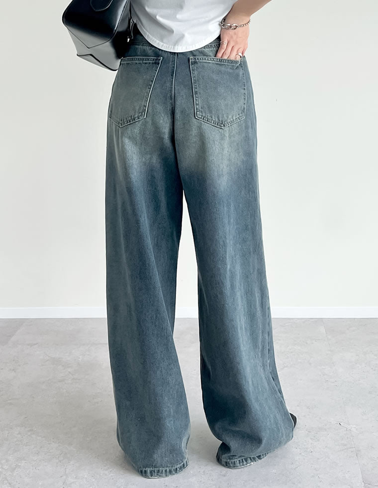 [低身長/高身長サイズ有]ワイドストレートアシンメトリーダメージデニムパンツ