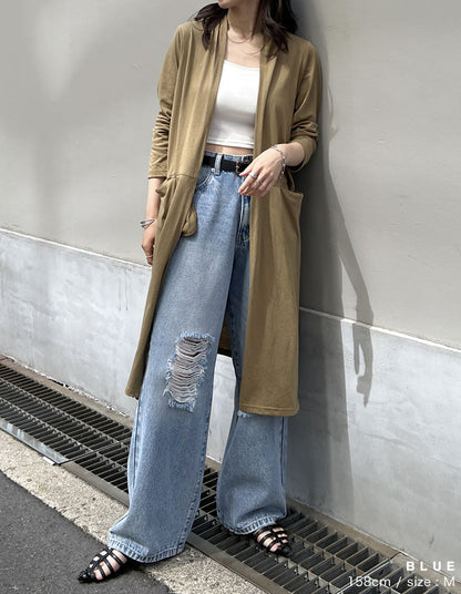 [低身長/高身長サイズ有]ワイドストレートアシンメトリーダメージデニムパンツ