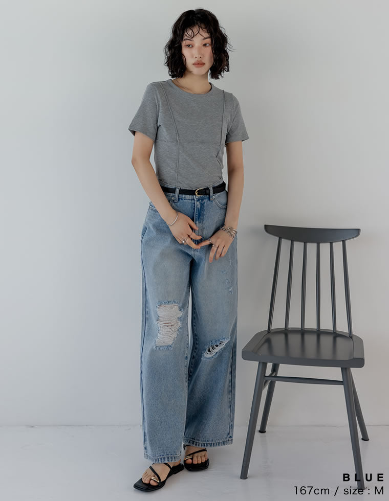 [低身長/高身長サイズ有]ワイドストレートアシンメトリーダメージデニムパンツ