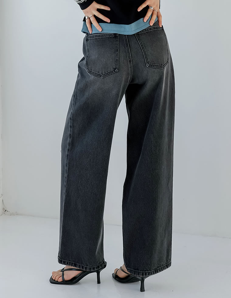 [低身長/高身長サイズ有]ワイドストレートアシンメトリーダメージデニムパンツ